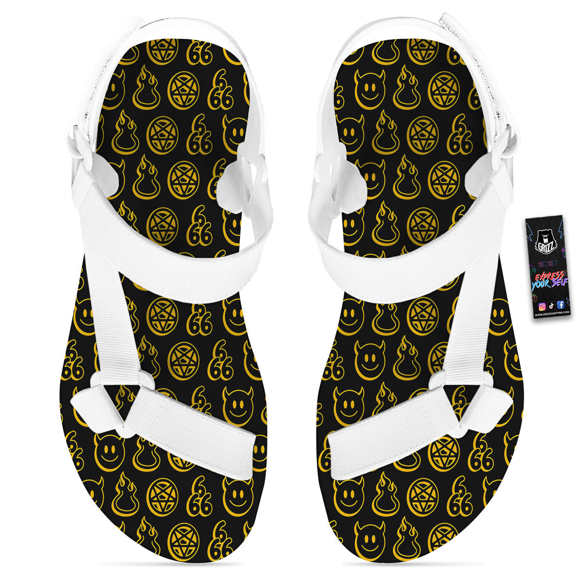 Yellow Demon Smile And Symbol Print Pattern White Open Toe Sandals-grizzshop