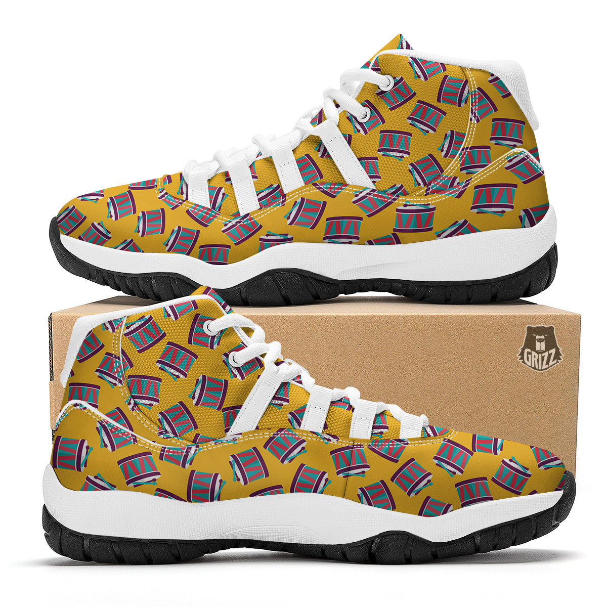 Yellow Drum Print Pattern White Bball Shoes-grizzshop