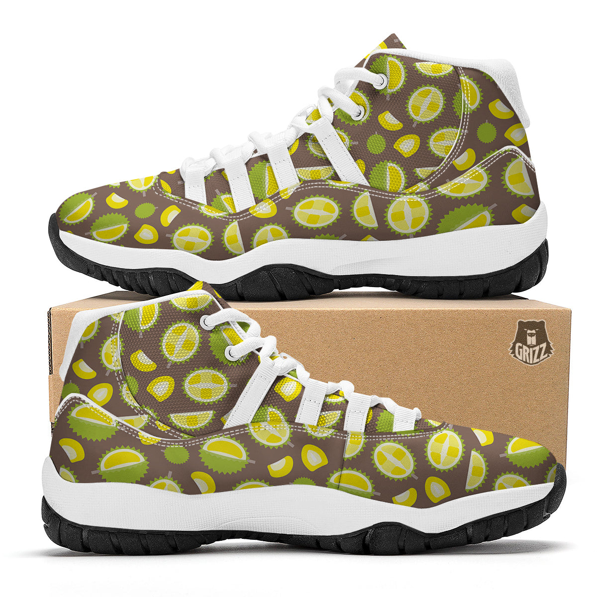 Yellow Durian Print Pattern White Bball Shoes-grizzshop