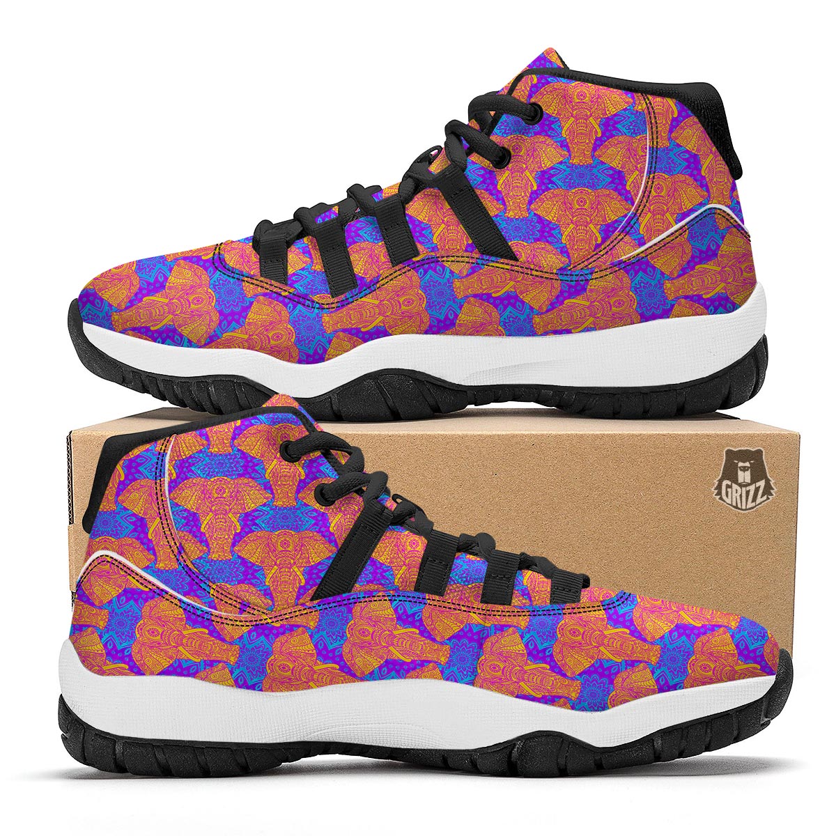 Yellow Elephant Mandala Print Black Bball Shoes-grizzshop