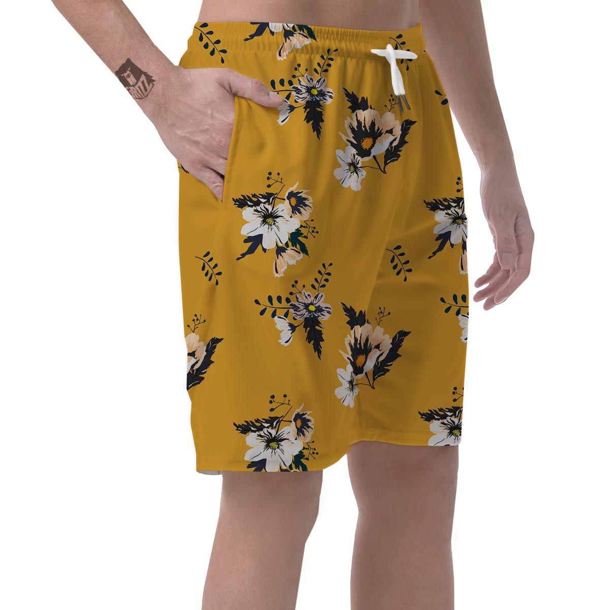 Yellow Flower Print Men's Shorts-grizzshop