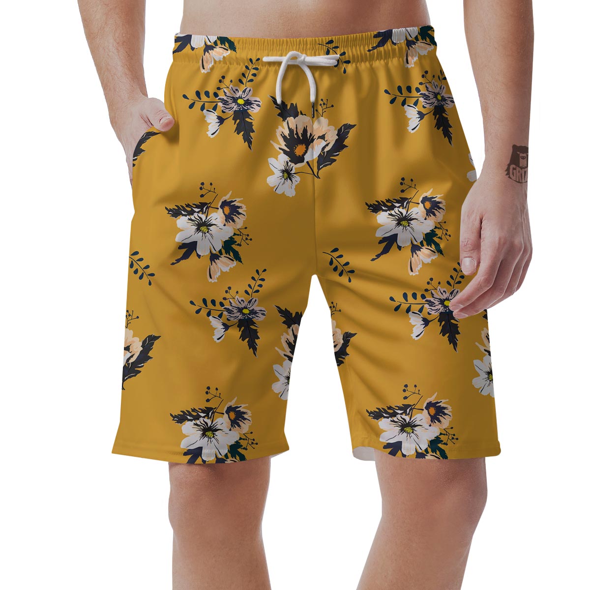 Yellow Flower Print Men's Shorts-grizzshop