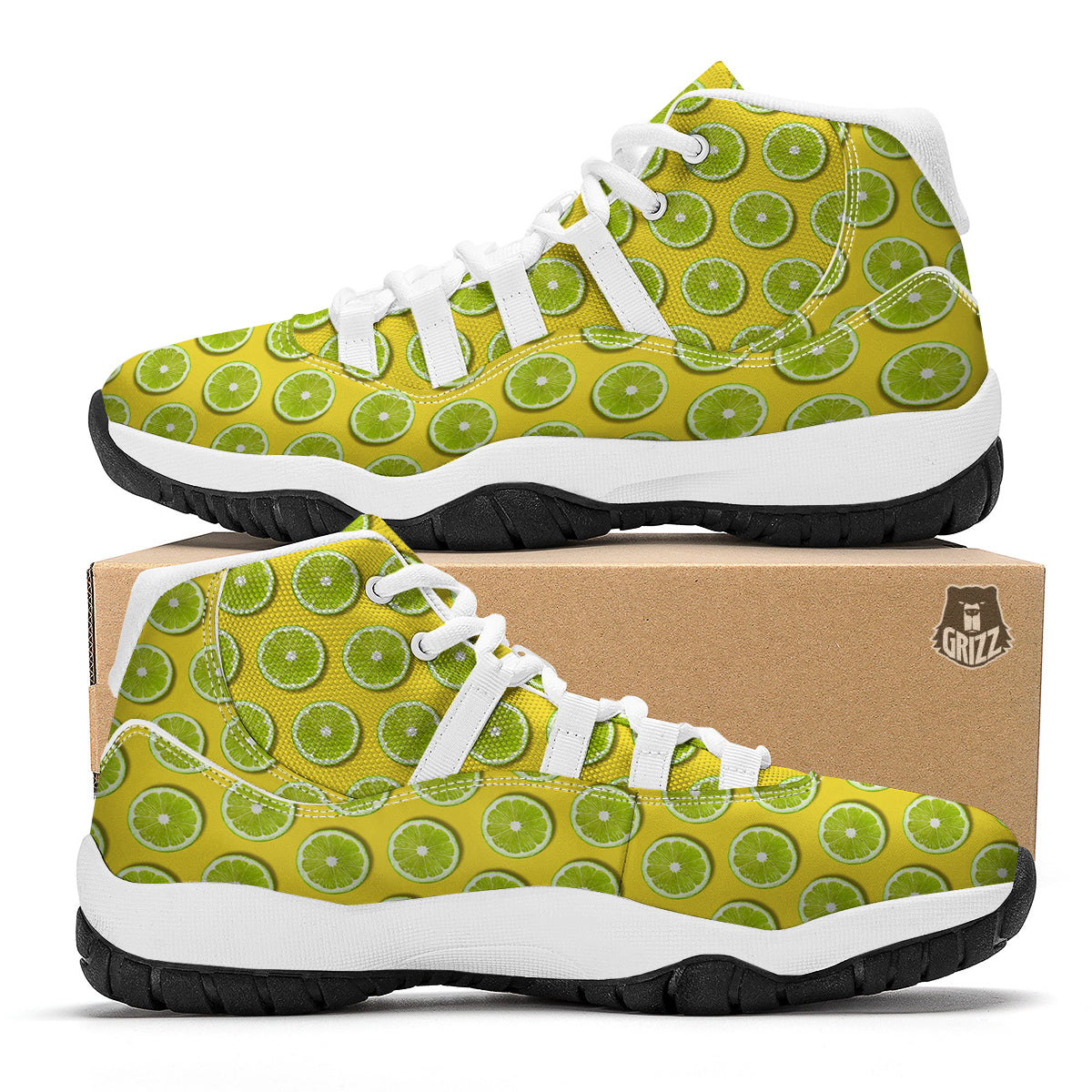 Yellow Geen Lime Sliced Print Pattern White Bball Shoes-grizzshop