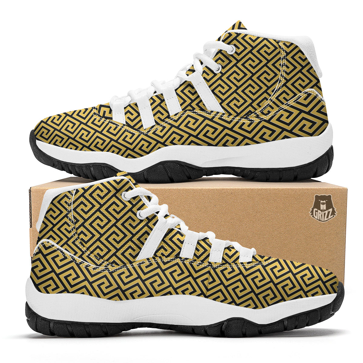 Yellow Greek Key Print Pattern White Bball Shoes-grizzshop