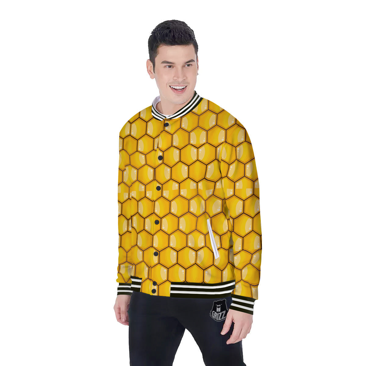 Yellow Honeycomb Print Pattern Baseball Jacket-grizzshop