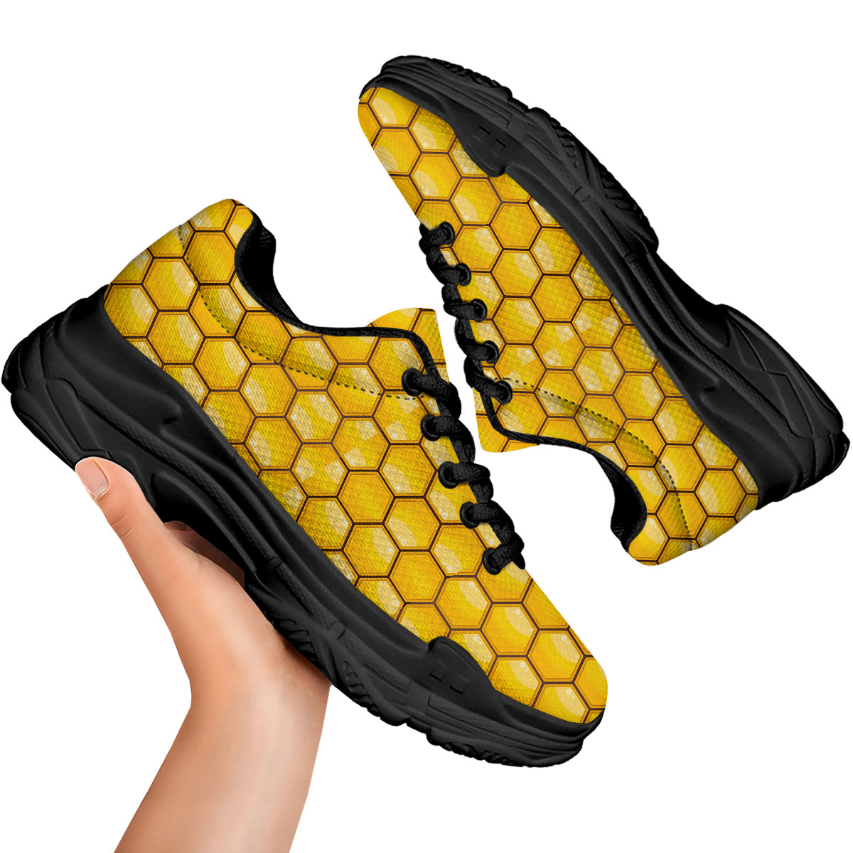 Yellow Honeycomb Print Pattern Black Chunky Shoes-grizzshop