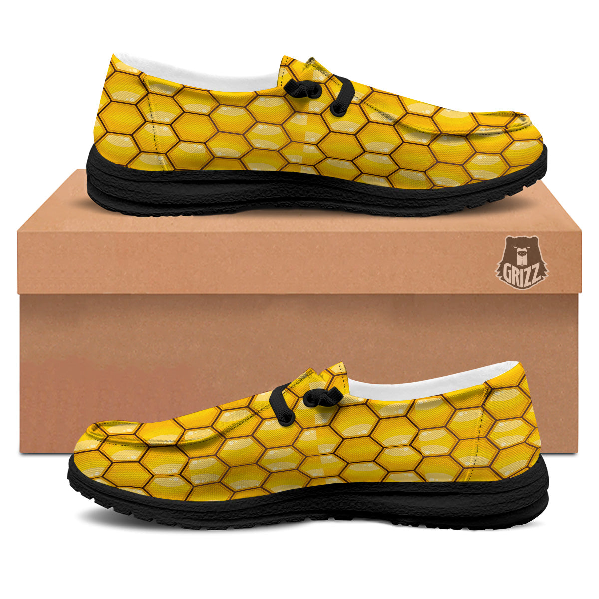 Yellow Honeycomb Print Pattern Black Loafers-grizzshop