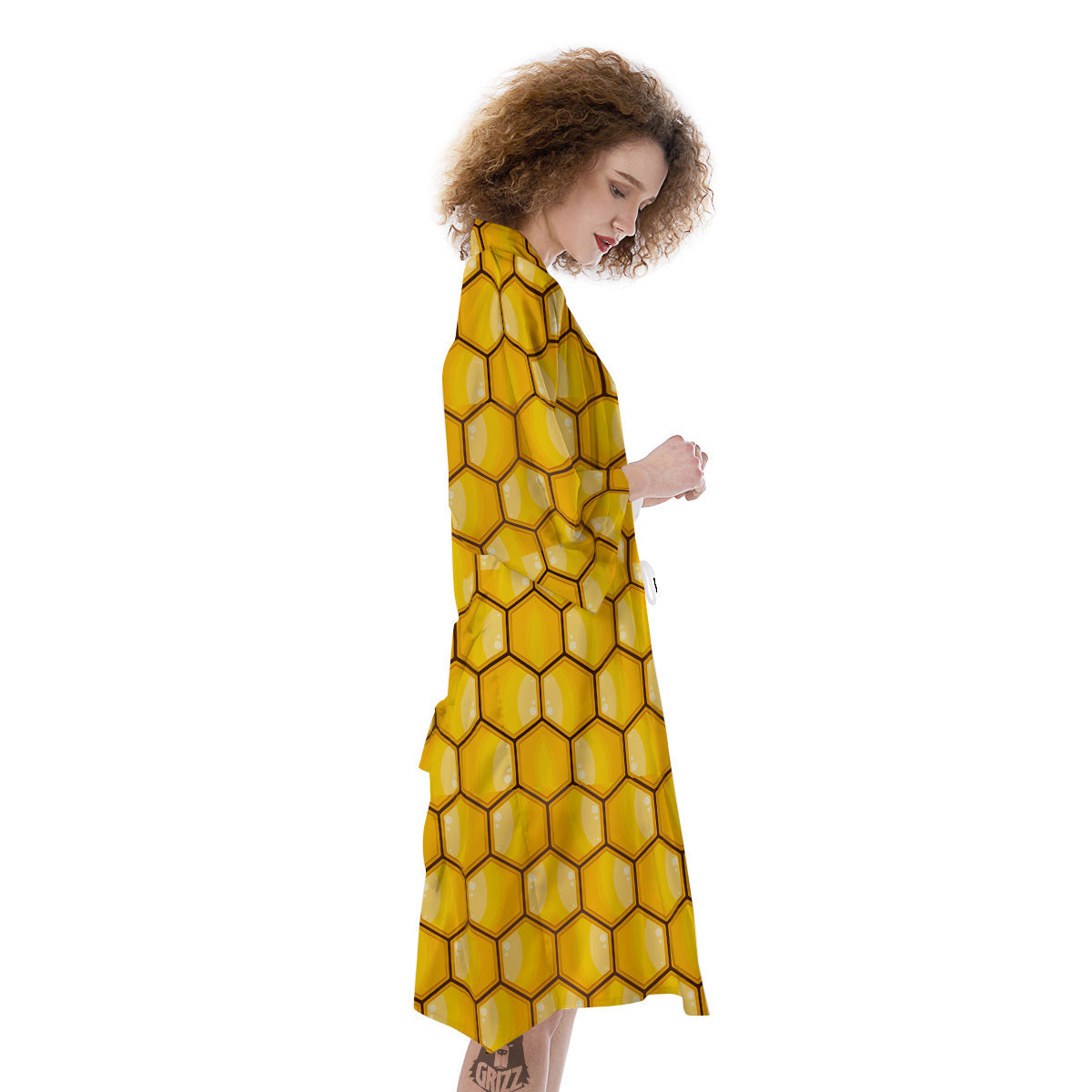 Yellow Honeycomb Print Pattern Kimono-grizzshop