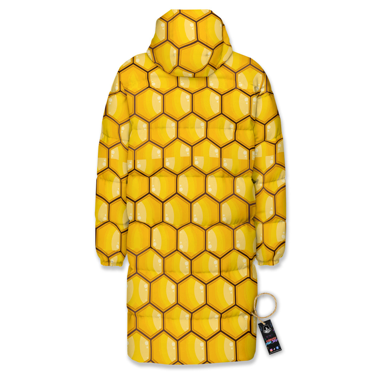 Yellow Honeycomb Print Pattern Long Down Jacket-grizzshop