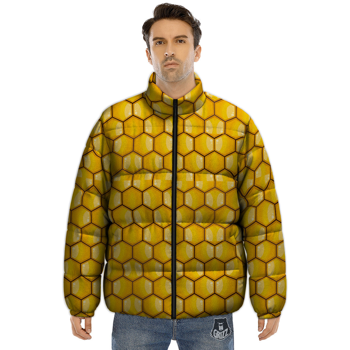Yellow Honeycomb Print Pattern Puffer Jacket-grizzshop