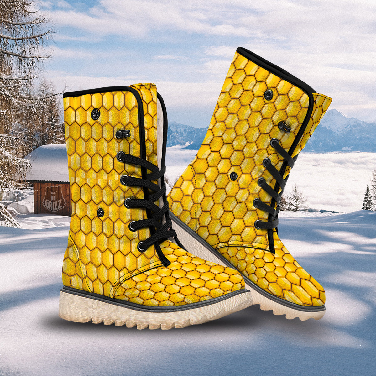 Yellow Honeycomb Print Pattern Snow Boots-grizzshop