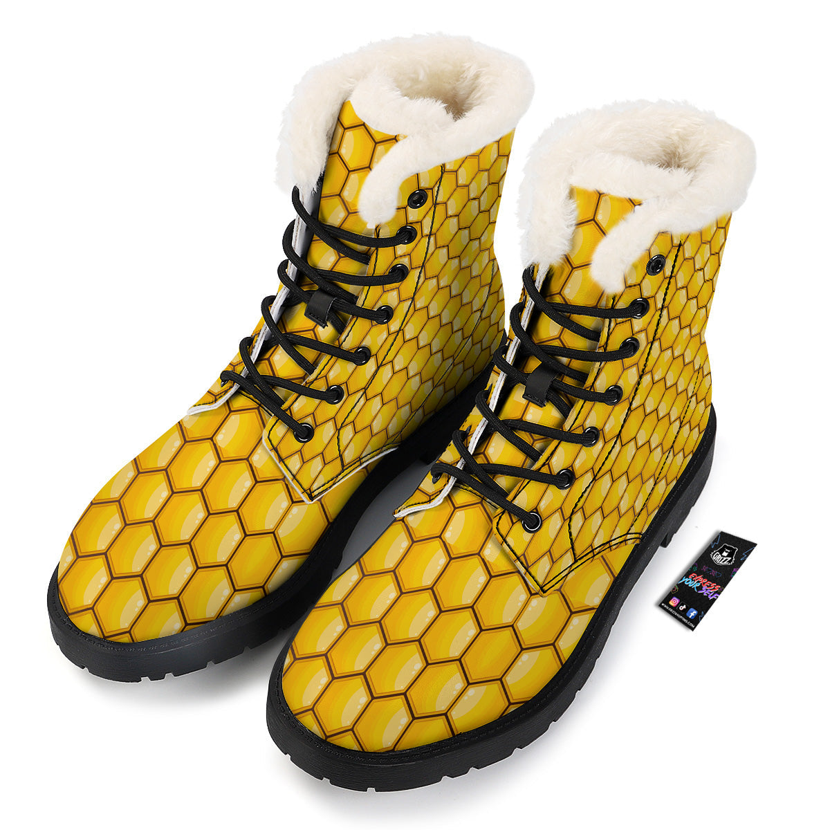 Yellow Honeycomb Print Pattern Winter Boots-grizzshop