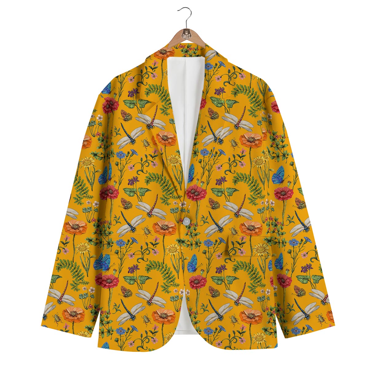 Yellow Insect Dragonfly Men's Blazer-grizzshop