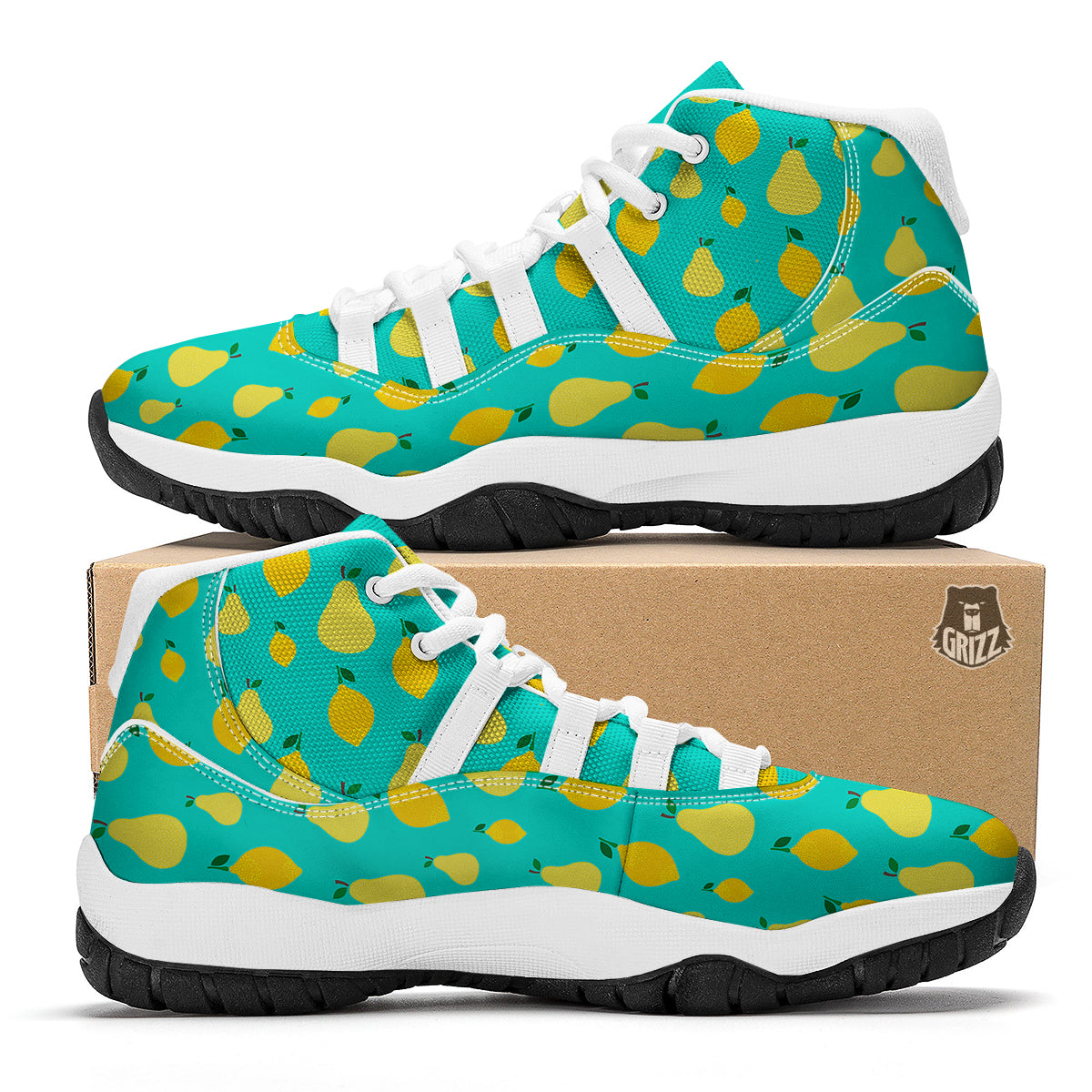 Yellow Lemon And Pear Print Pattern White Bball Shoes-grizzshop
