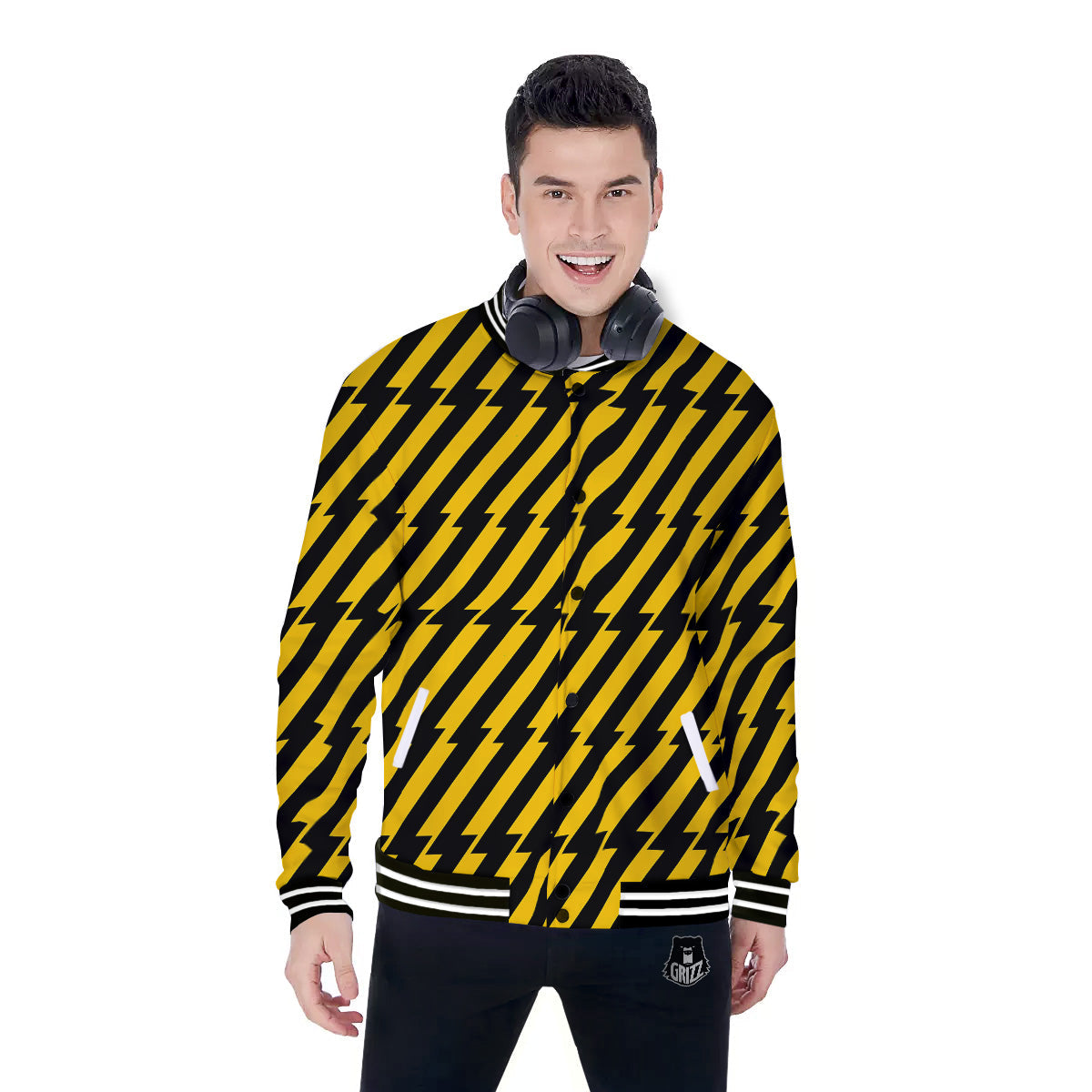 Yellow Lightning Spark Print Pattern Baseball Jacket-grizzshop
