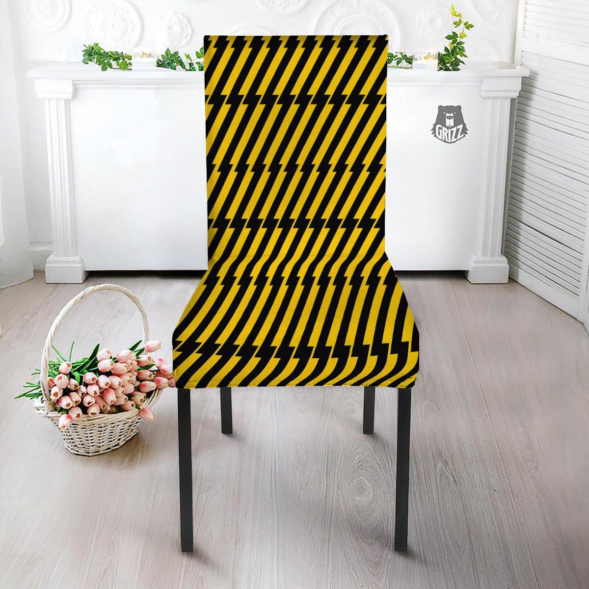Yellow Lightning Spark Print Pattern Dining Chair Slipcover-grizzshop