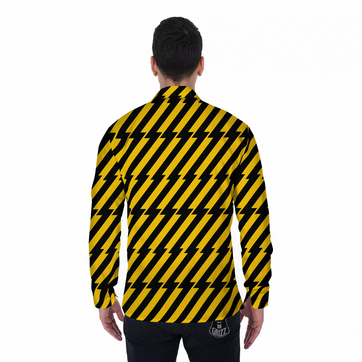 Yellow Lightning Spark Print Pattern Men's Long Sleeve Shirts-grizzshop