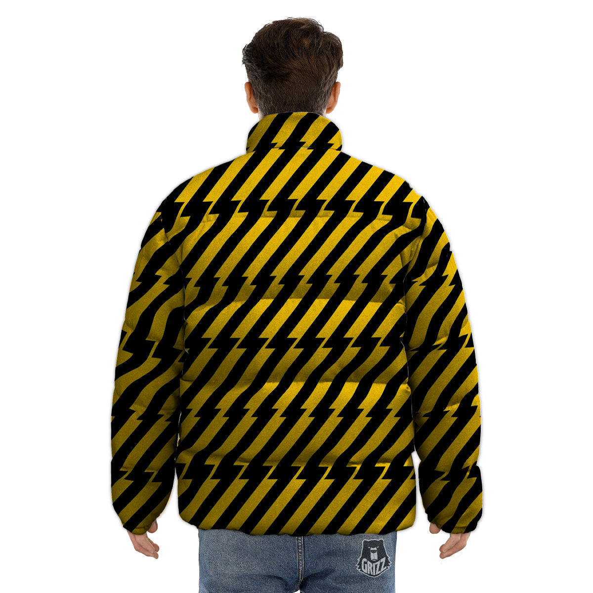 Yellow Lightning Spark Print Pattern Puffer Jacket-grizzshop