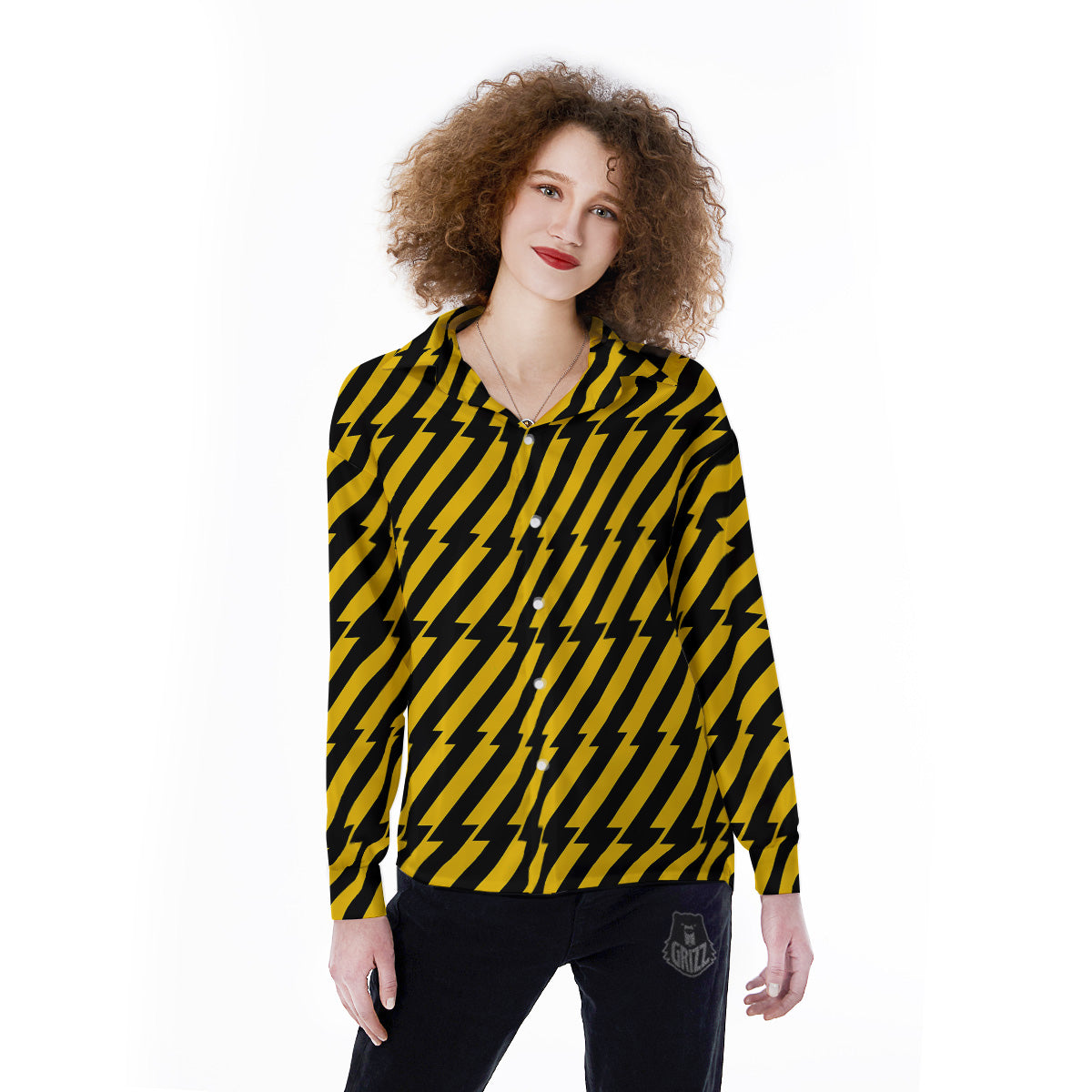 Yellow Lightning Spark Print Pattern Women's Long Sleeve Shirts-grizzshop