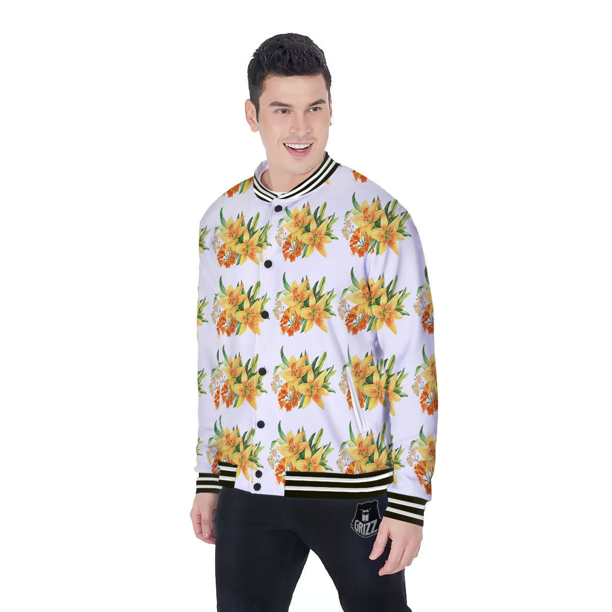 Yellow Lily Watercolor Print Pattern Baseball Jacket-grizzshop