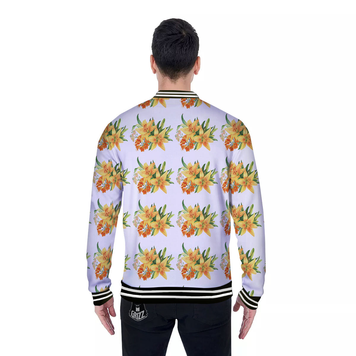 Yellow Lily Watercolor Print Pattern Baseball Jacket-grizzshop