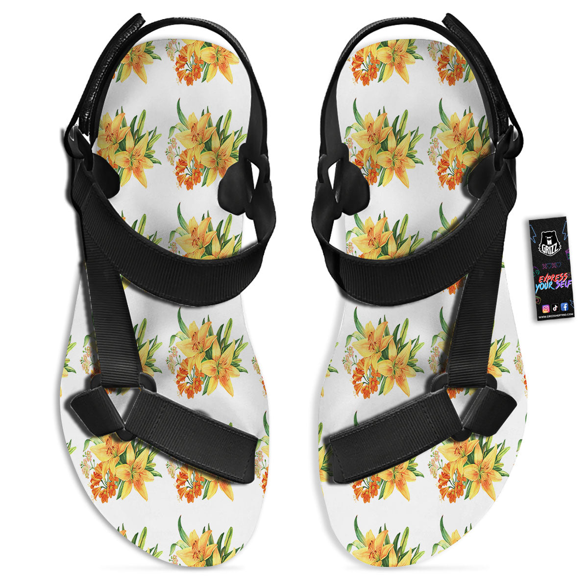 Yellow Lily Watercolor Print Pattern Black Open Toe Sandals-grizzshop