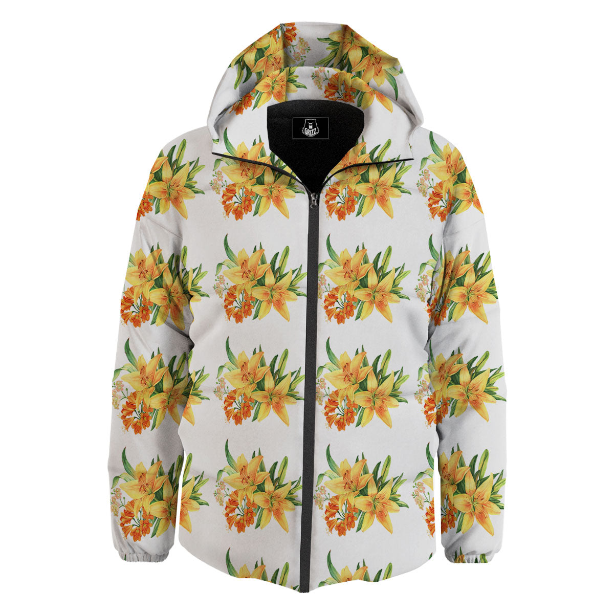 Yellow Lily Watercolor Print Pattern Down Jacket-grizzshop