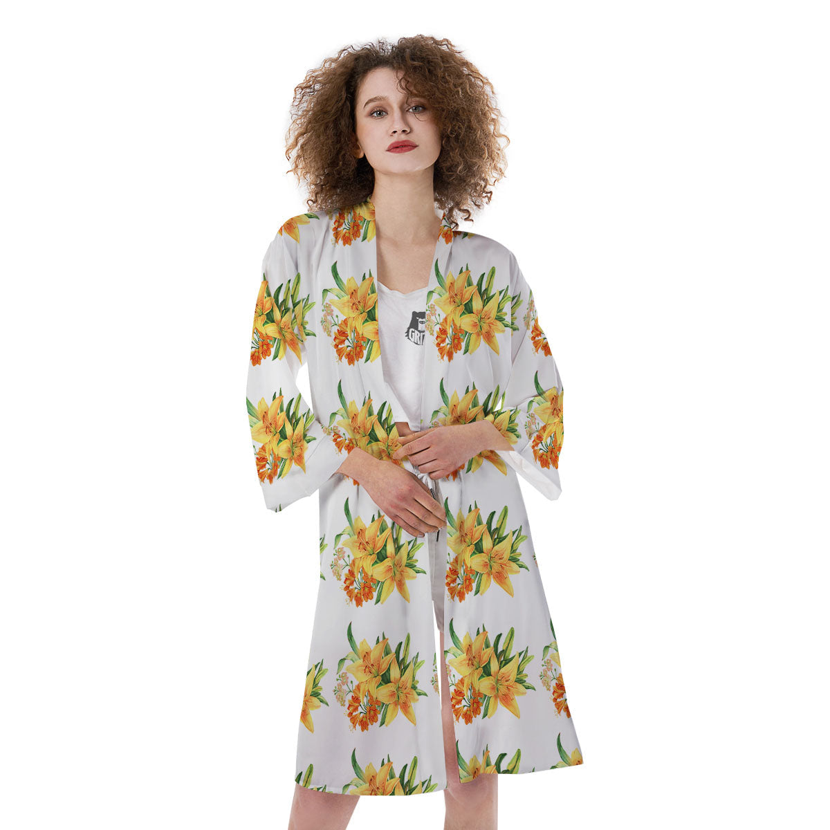 Yellow Lily Watercolor Print Pattern Kimono-grizzshop