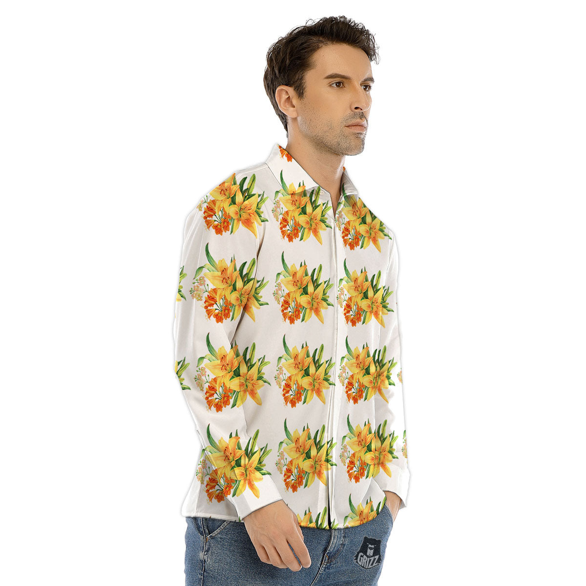 Yellow Lily Watercolor Print Pattern Men's Dress Shirts-grizzshop