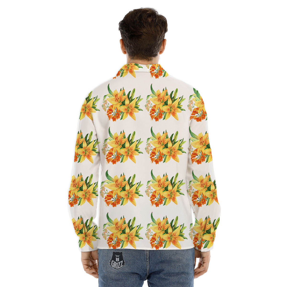 Yellow Lily Watercolor Print Pattern Men's Dress Shirts-grizzshop