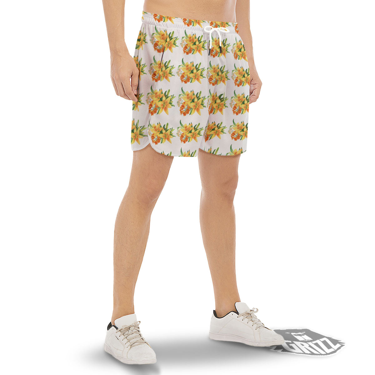 Yellow Lily Watercolor Print Pattern Men's Gym Shorts-grizzshop