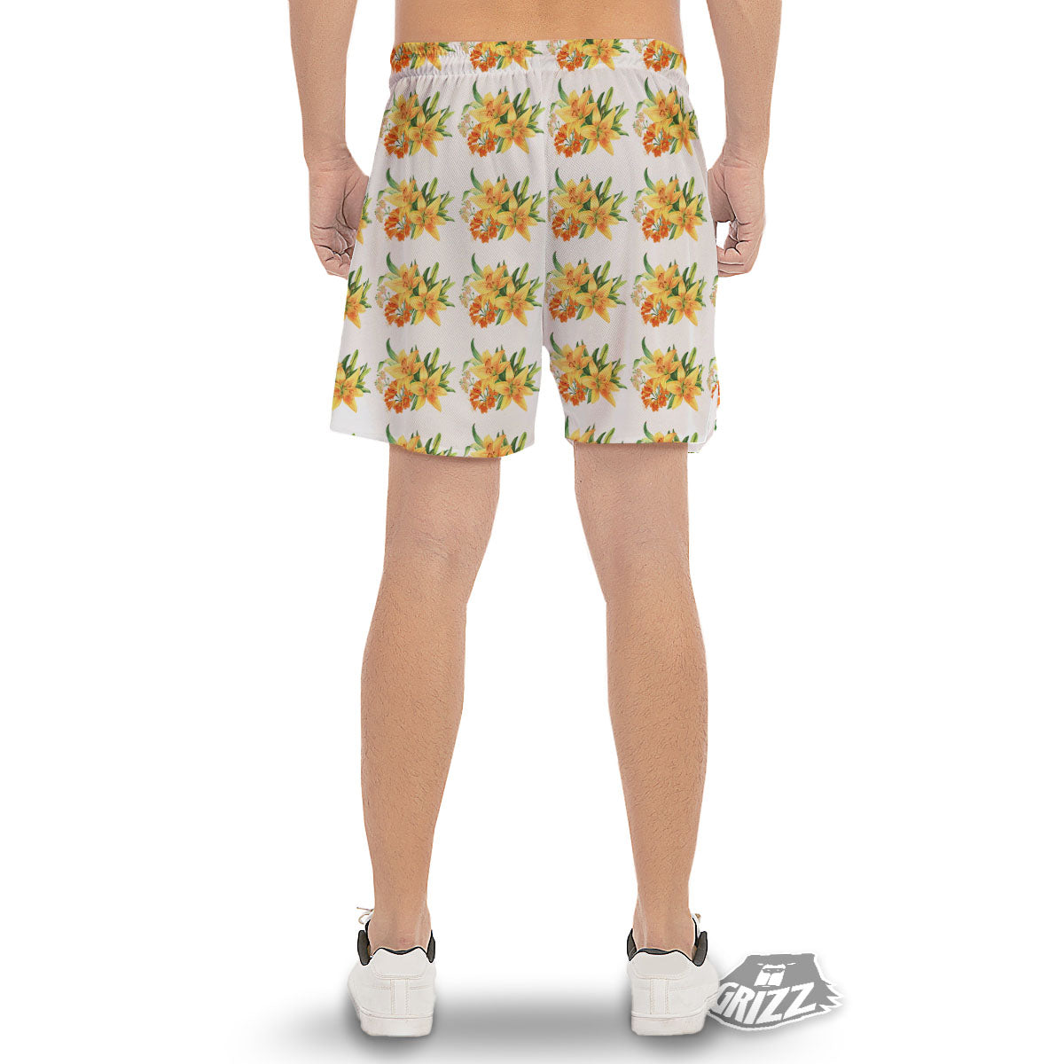 Yellow Lily Watercolor Print Pattern Men's Gym Shorts-grizzshop