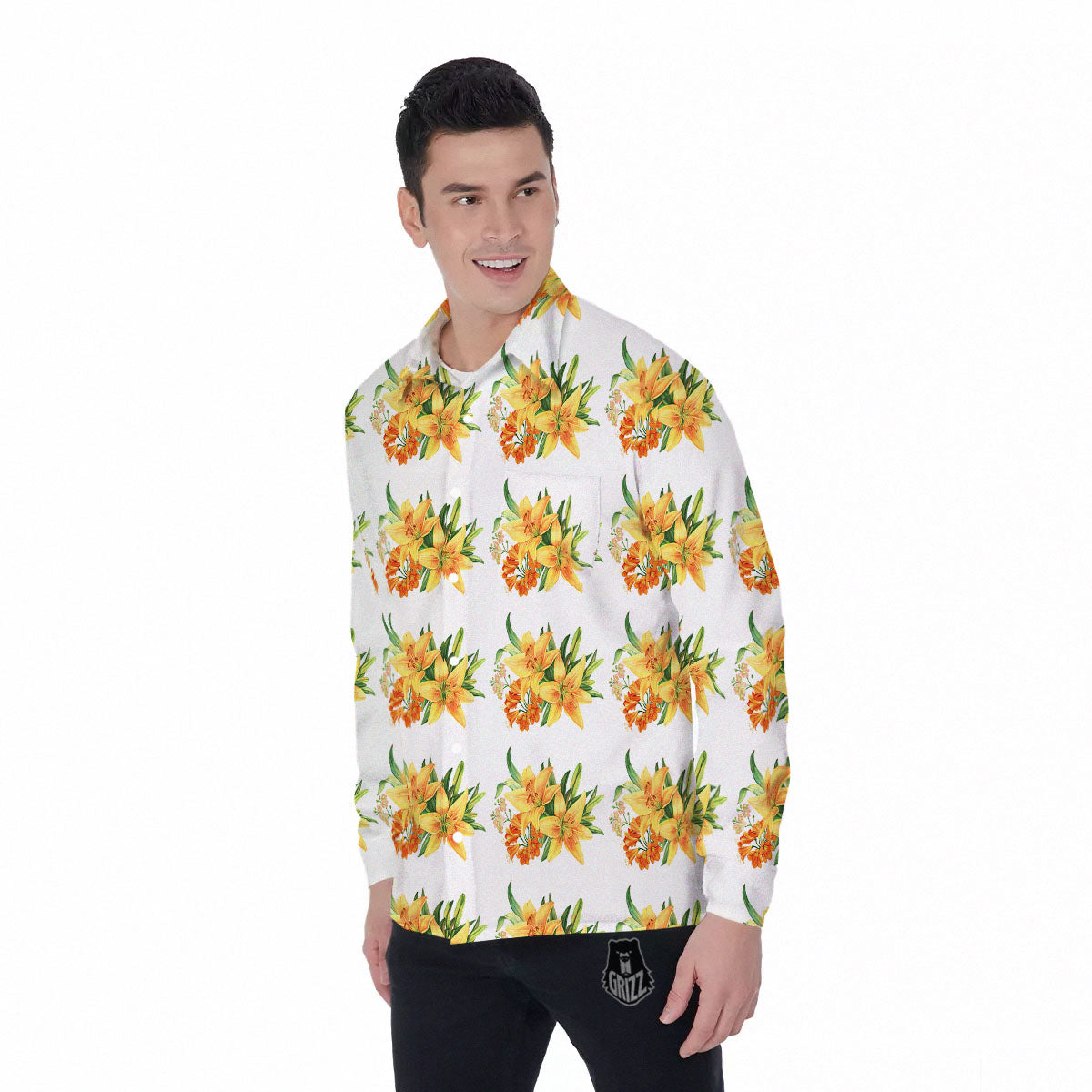 Yellow Lily Watercolor Print Pattern Men's Long Sleeve Shirts-grizzshop
