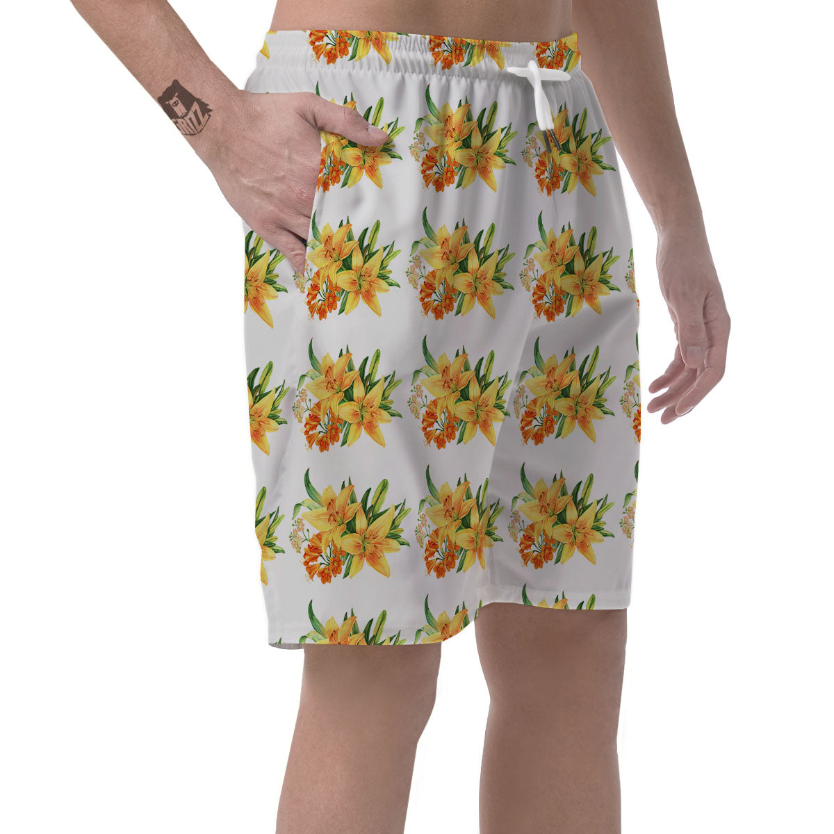 Yellow Lily Watercolor Print Pattern Men's Shorts-grizzshop