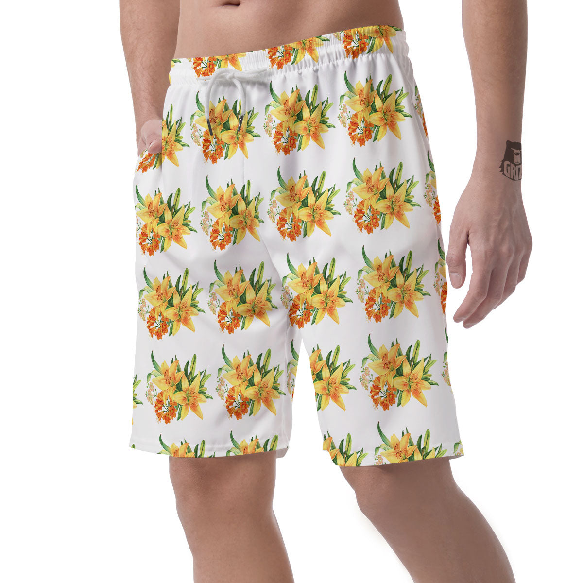Yellow Lily Watercolor Print Pattern Men's Shorts-grizzshop