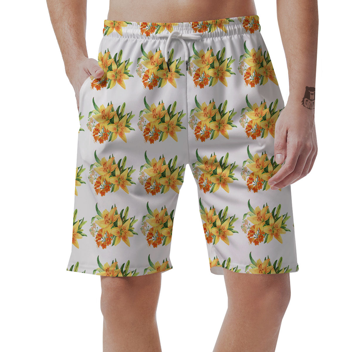 Yellow Lily Watercolor Print Pattern Men's Shorts-grizzshop