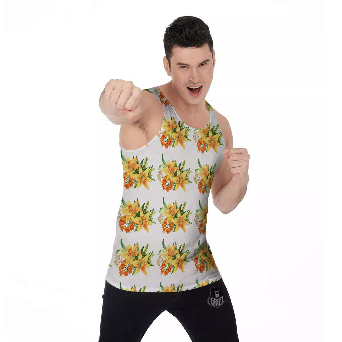 Yellow Lily Watercolor Print Pattern Men's Tank Top-grizzshop