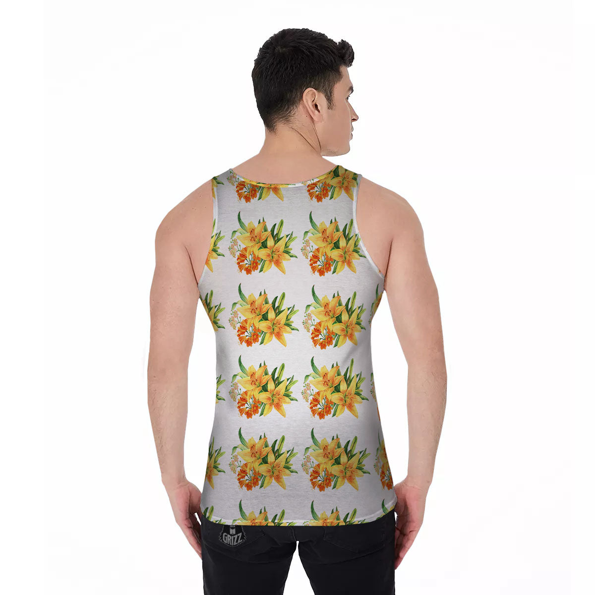 Yellow Lily Watercolor Print Pattern Men's Tank Top-grizzshop