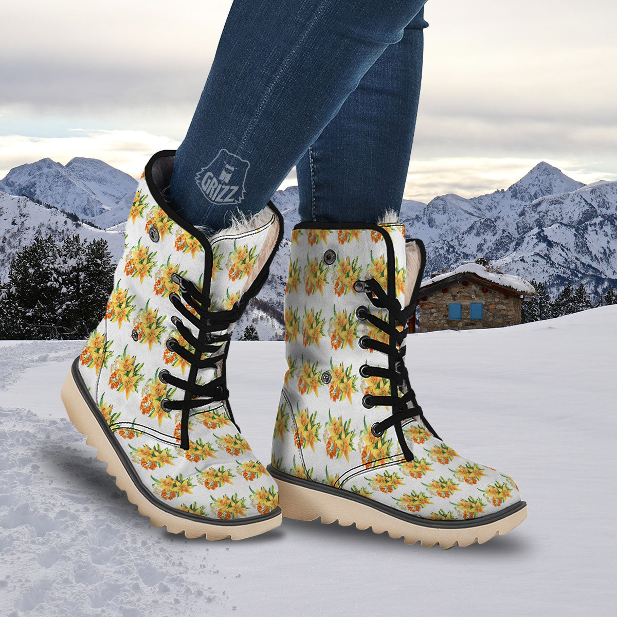Yellow Lily Watercolor Print Pattern Snow Boots-grizzshop