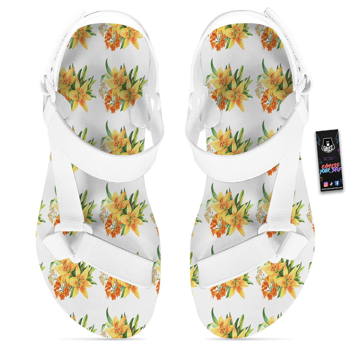Yellow Lily Watercolor Print Pattern White Open Toe Sandals-grizzshop