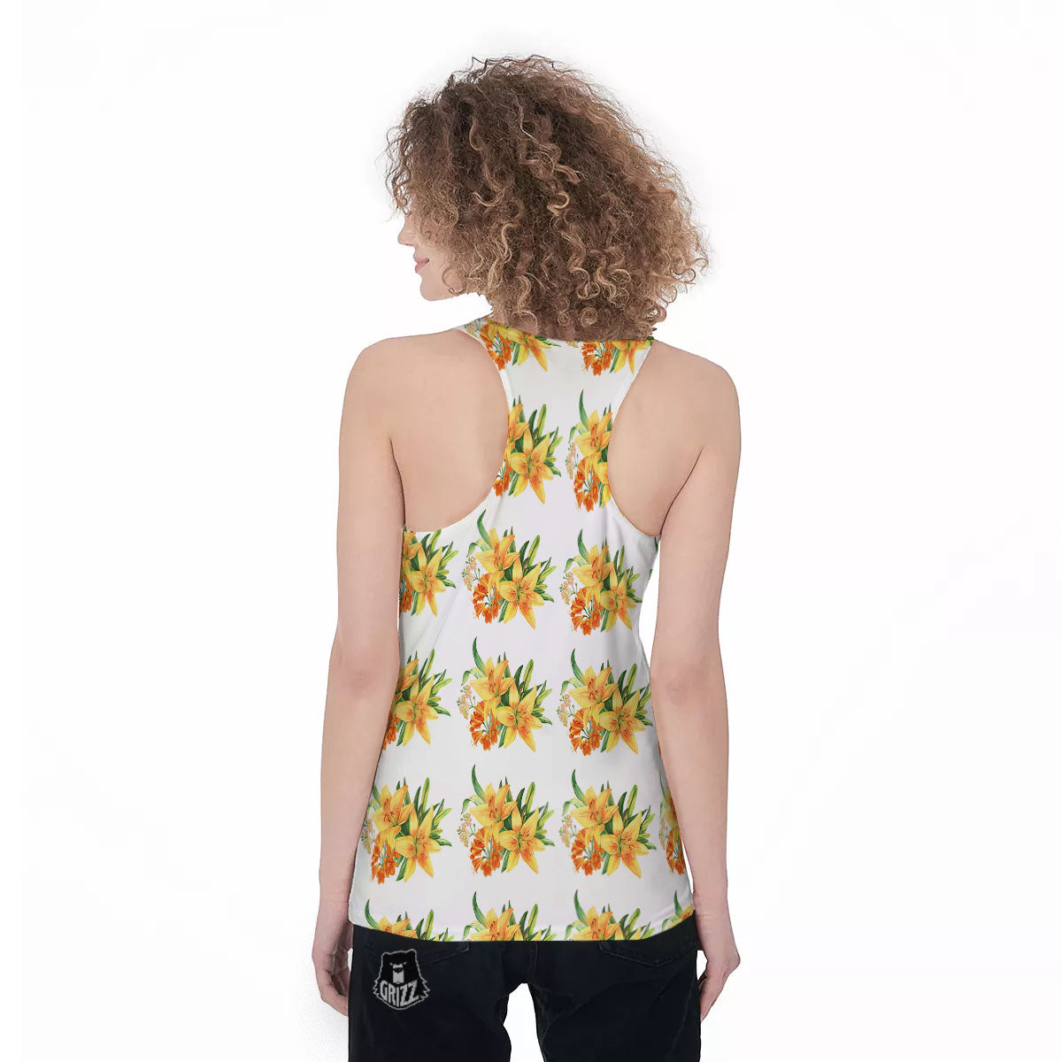 Yellow Lily Watercolor Print Pattern Women's Racerback Tank Top-grizzshop