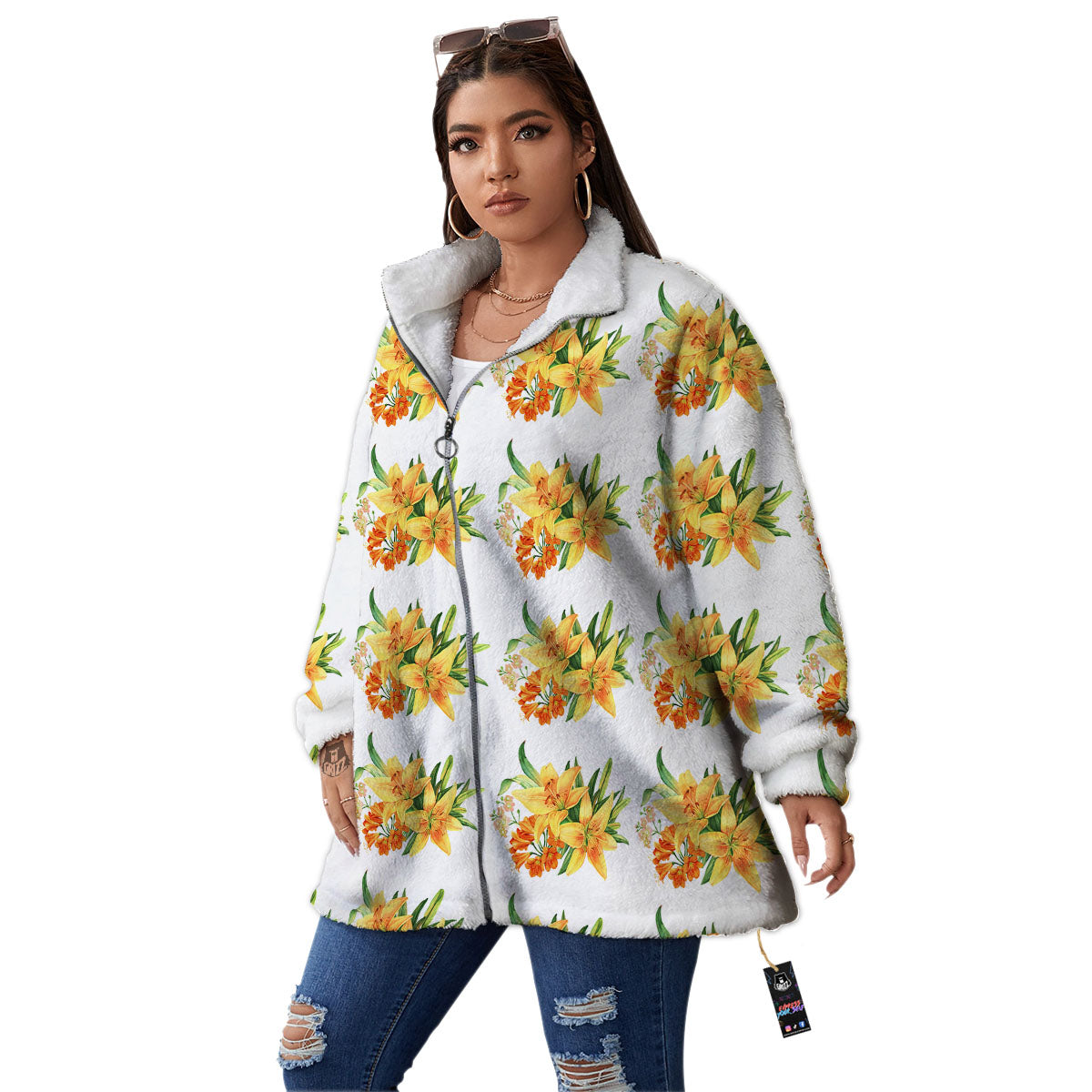 Yellow Lily Watercolor Print Pattern Women's Sherpa Jacket-grizzshop