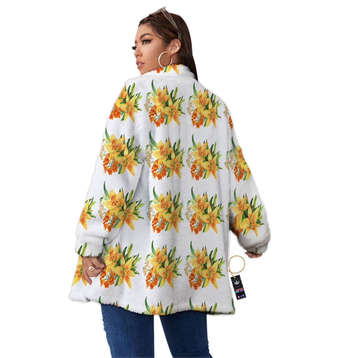 Yellow Lily Watercolor Print Pattern Women's Sherpa Jacket-grizzshop