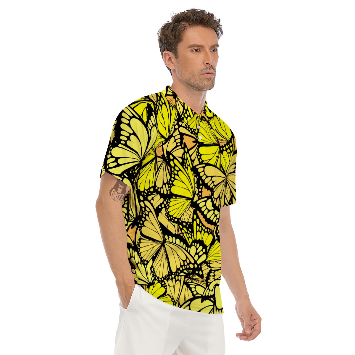 Yellow Monarch Butterfly Men's Golf Shirts-grizzshop