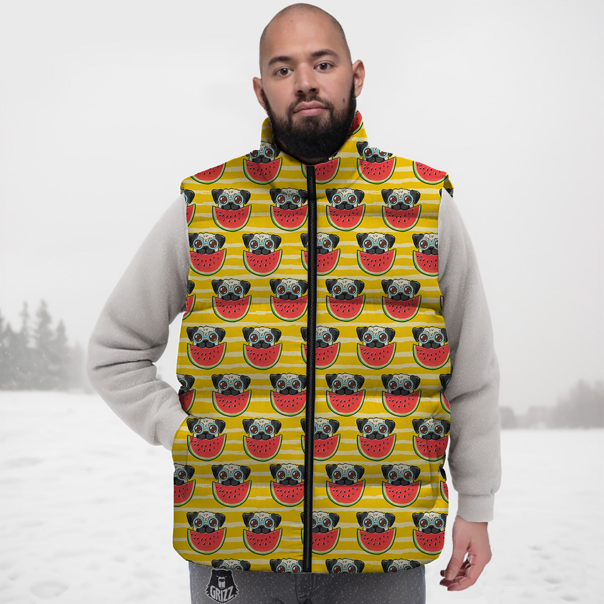 Yellow Mondrian Pattern Print Down Vest-grizzshop