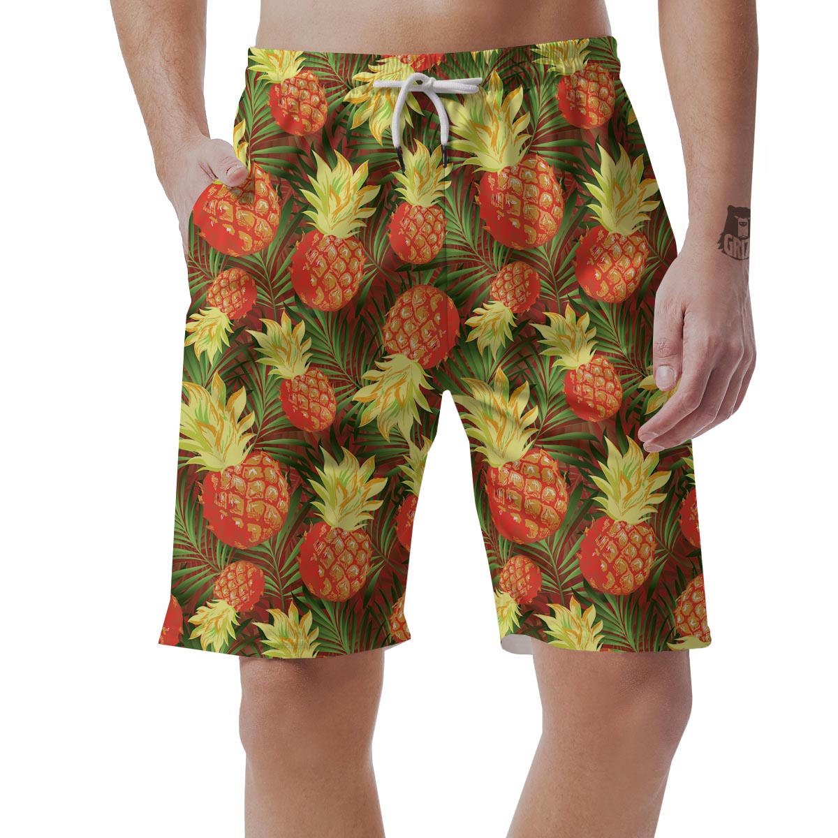 Yellow Neon Pineapple Hawaiian Print Men's Shorts-grizzshop