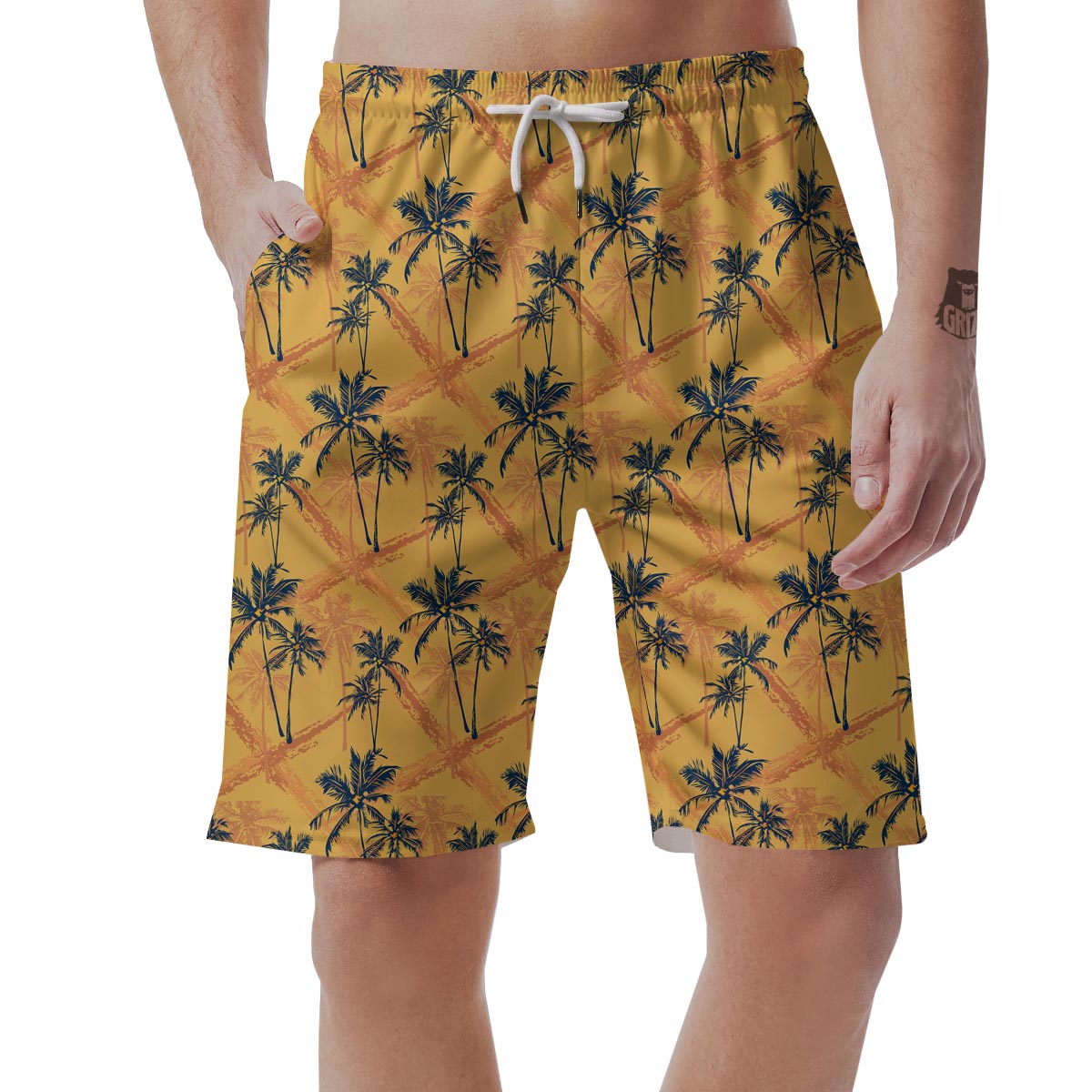 Yellow Palm Tree Hawaiian Print Men's Shorts-grizzshop