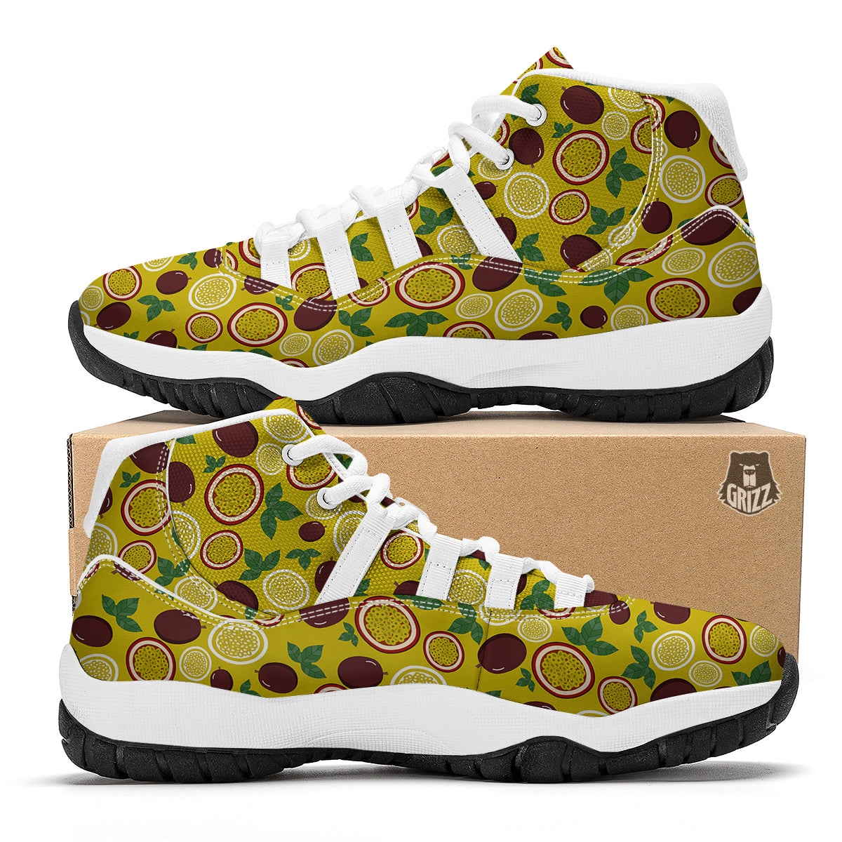 Yellow Passion Fruit Print Pattern White Bball Shoes-grizzshop