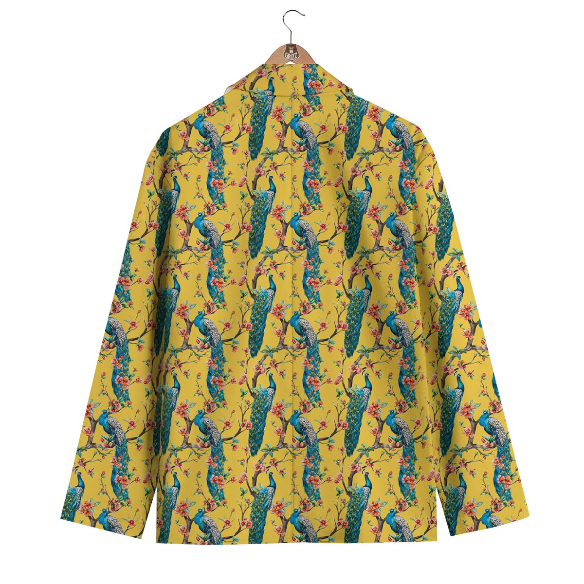 Yellow Peacock Floral Pattern Print Men's Blazer-grizzshop