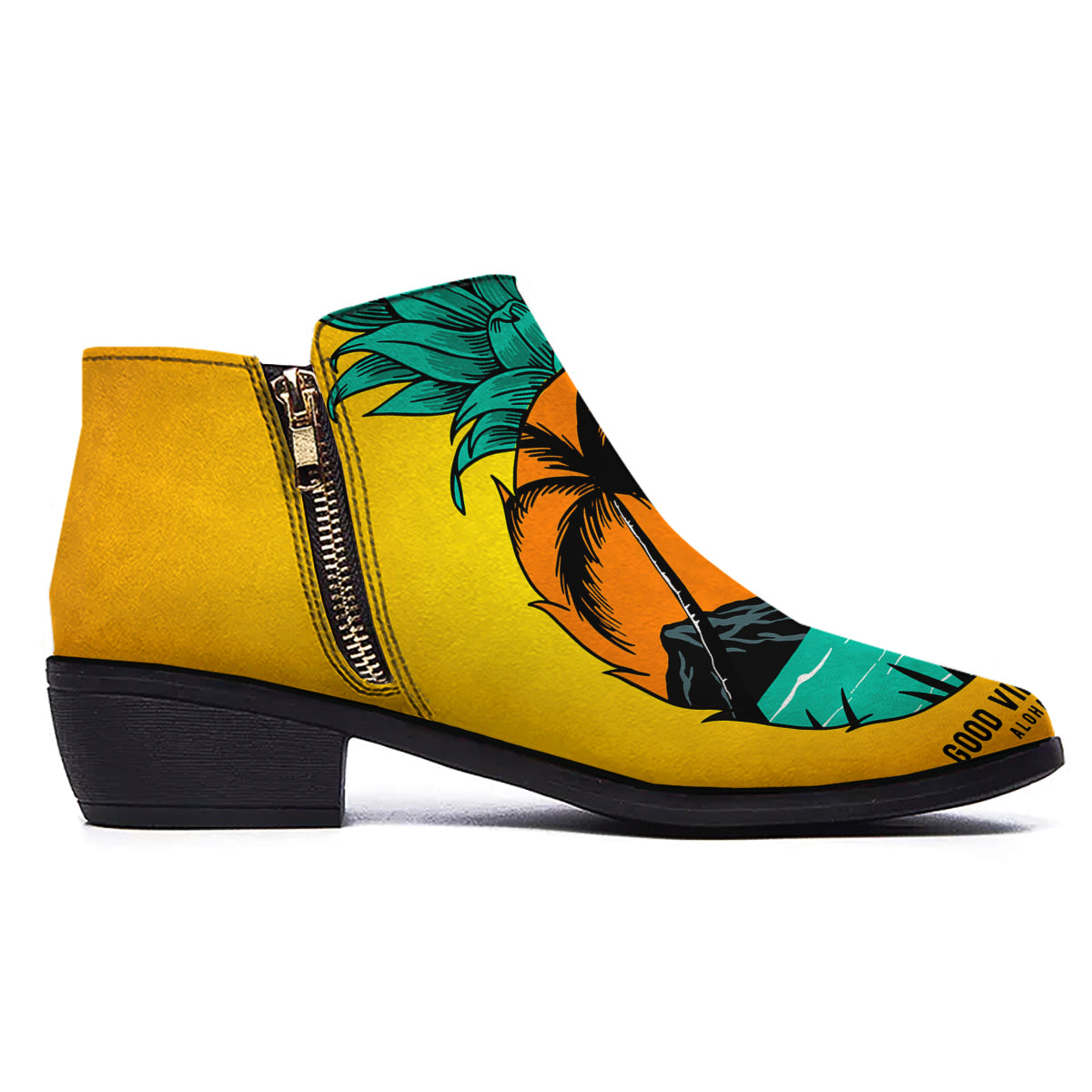 Yellow Pineapple Aloha Tropical Island Print Ankle Boots-grizzshop